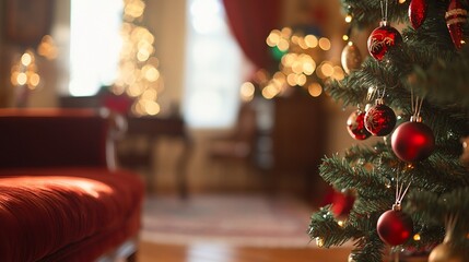 Poster - Close-up of a decorated Christmas tree with red ornaments in a cozy living room.