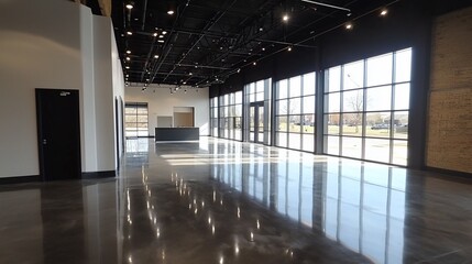 Poster - Modern spacious interior with polished concrete floor, large windows, and high ceiling.