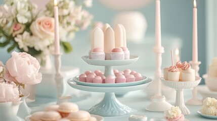 Poster - A soft and romantic pastel table setting with premium lipsticks and sweets delicately arranged on decorative stands, creating an elegant and sophisticated vibe