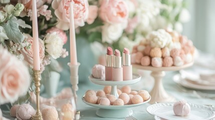 Poster - A soft and romantic pastel table setting with premium lipsticks and sweets delicately arranged on decorative stands, creating an elegant and sophisticated vibe