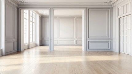 Leinwandbilder - Empty spacious room with large windows, hardwood floors, and classic wall paneling.