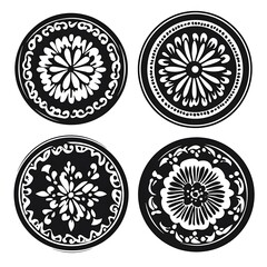 Canvas Print - Four circular floral designs in black and white, featuring intricate patterns and symmetry.