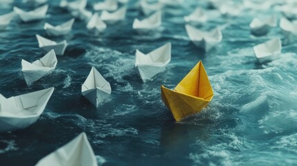 Poster - A standout yellow paper boat charts its course in a sea of white boats, symbolizing leadership and the courage to follow an independent path through clear waters