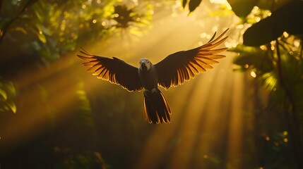 Aufkleber - A majestic parrot in flight, backlit by golden sunlight filtering through lush green rainforest foliage.