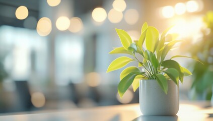 Poster - Small potted plant on table in modern office.