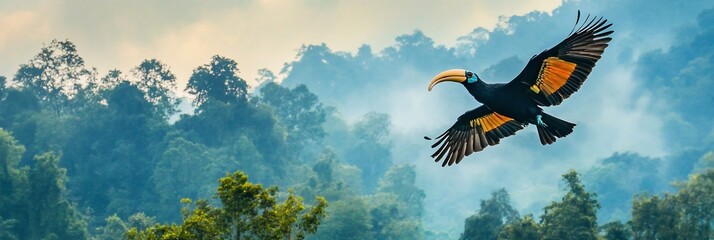 Poster - Hornbill bird in flight over lush rainforest.