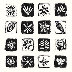 Wall Mural - Sixteen floral block prints in grid, black on white.