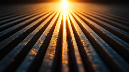 Poster - A striking visual of metallic rods arranged in rows, creating strong leading lines that draw the eye toward a glowing horizon, perfect for modern and architectural photography