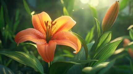 Poster - A stunning close-up of a bright orange lily flower in full bloom, surrounded by lush green leaves and soft natural sunlight highlighting its beauty