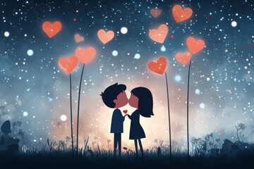 Poster - A pixel art representation of a kiss under a pixelated starry sky, with glowing hearts floating in the air