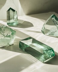 Poster - Four green glass crystals arranged on a white surface, illuminated by sunlight.