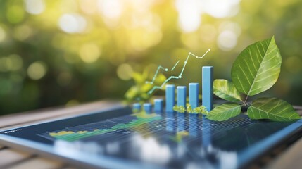 Poster - Growing business graph on tablet with green leaves, showcasing environmental sustainability and economic growth.