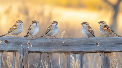 Aufkleber - Five sparrows perched on a rustic wooden fence at sunset.