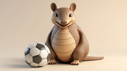 Poster - Cute cartoon armadillo sitting next to a soccer ball on a beige background.