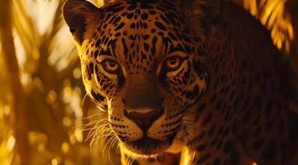 Poster - Close-up of a jaguar's intense gaze in a sunlit jungle.