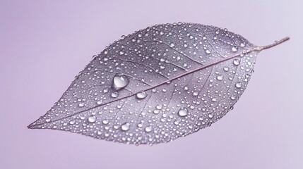 Fototapete - Single dew-covered leaf on purple background. (1)