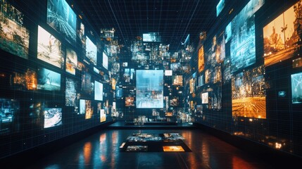Aufkleber - A virtual museum tour on a digital screen, surrounded by an information network of interconnected data, symbols, and streaming services