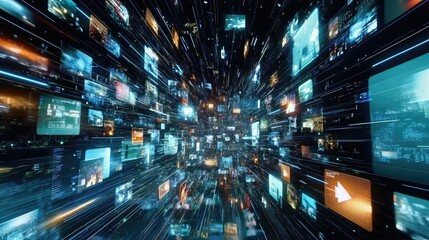 Poster - A visual representation of worldwide internet streaming services, showing a network of data hubs across the globe, delivering media content