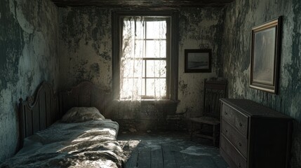 Poster - A weathered and abandoned room with cracked walls, peeling paint, and a decaying interior, capturing the essence of neglect and decay in photography