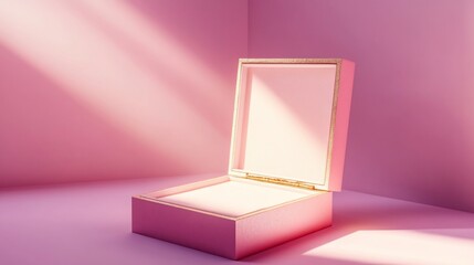 Aufkleber - Open pink jewelry box in sunlight on pink background.