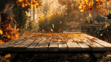 Poster - A wooden table with fall leaves gently scattered across, nestled in a tranquil forest with golden and orange hues, creating an idyllic autumn atmosphere