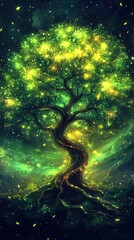 Wall Mural - a massive tree of light whose glowing roots spread across a canyon. the radiant canopy extends into 