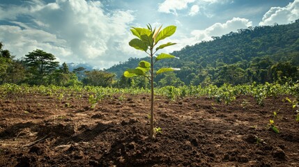 Poster - A young tree grows tall from the ground, surrounded by a forest of lush foliage, thriving under clear skies and abundant sunlight