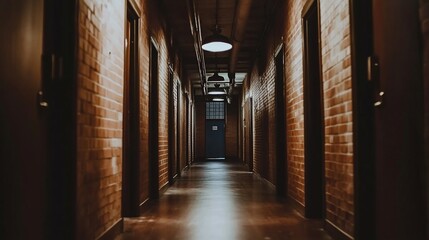 Poster - Dark brick hallway with doors leading to rooms.