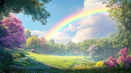 Aufkleber - After a summer rain, a stunning rainbow stretches across a vibrant park, casting a magical glow over the fresh landscape and clear blue sky
