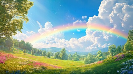 Aufkleber - After a summer rain, a stunning rainbow stretches across a vibrant park, casting a magical glow over the fresh landscape and clear blue sky