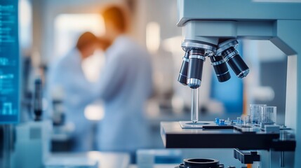 Leinwandbilder - Close-up of a microscope in a modern laboratory with blurred scientists in the background.