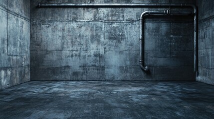 Poster - An industrial-themed background of a dark concrete garage room with grungy pipes and a raw feel, perfect for modern, urban photography or creative shoots
