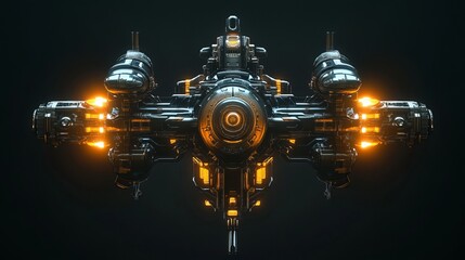 Wall Mural - a futuristic space ship with a glowing yellow engine. the ship is surrounded by a black background. 