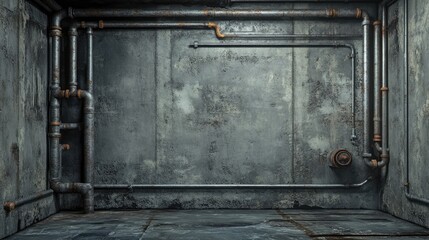 Poster - An industrial-themed background of a dark concrete garage room with grungy pipes and a raw feel, perfect for modern, urban photography or creative shoots