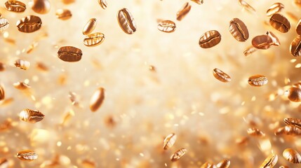 Aufkleber - Golden coffee beans falling on a beige background with bokeh effect.