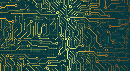 Poster - Thin circuit trace lines in golden on a dark green technology background. Abstract digital tech background. Electronics and computer technology concept. Chip and circuit board.