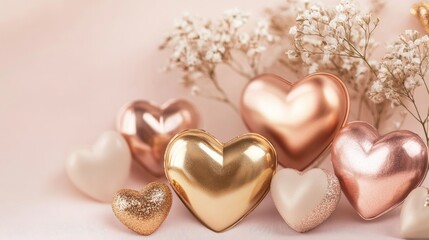 Poster - Beautiful heart-shaped gold and rose gold decorations arranged elegantly on a soft, neutral background, creating a serene and romantic atmosphere