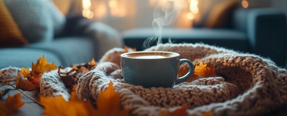 Poster - Cozy autumn scene steaming coffee in a mug nestled in a knit blanket with fall leaves.