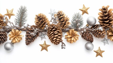 Aufkleber - Festive Christmas garland with pine cones, stars, and ornaments on white background.