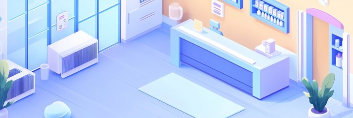 Poster - Isometric illustration of a modern, minimalist office reception area with a counter, air conditioners, plants, and a door.