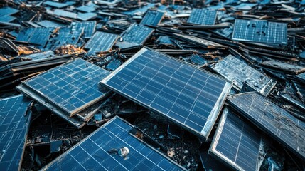 Poster - Broken solar panels arranged for recycling and inspection, emphasizing the importance of sustainable energy practices and responsible resource management