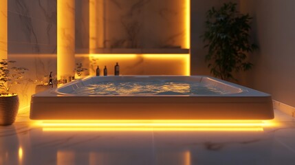 Fototapete - Luxurious modern bathtub with warm ambient lighting, marble walls, and plants.
