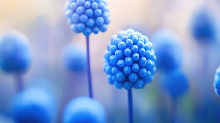 Poster - Captivating close-up of radiant spherical blue cells in vibrant blue tones, set against a delicately blurred background for a mesmerizing macro shot