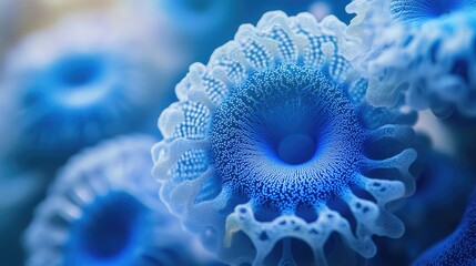 Poster - Captivating close-up of radiant spherical blue cells in vibrant blue tones, set against a delicately blurred background for a mesmerizing macro shot