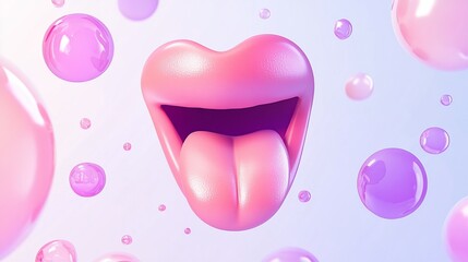 Aufkleber - Playful 3D render of pink lips and tongue with pastel bubbles.