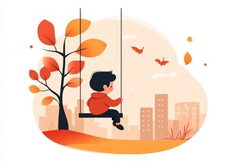Poster - A simple flat 2D illustration of a kid on a swing, with soft pastel colors creating a cheerful vibe