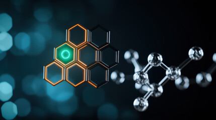 Poster - close up view of molecular structure with hexagonal patterns and glowing elements