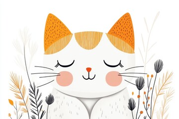Poster - A simple flat design of a curled-up kitten, rendered in pastel colors against a clean white background