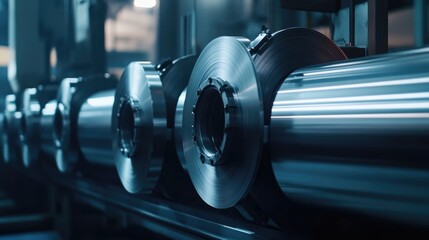 Poster - Close-up of large aluminum steel rolls in an industrial factory, highlighting the technology, precision, and efficient processes involved in steel production