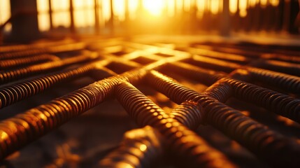 Poster - Close-up of steel bars stacked at a construction site, bathed in golden sunlight, emphasizing the industrial craftsmanship and architectural strength of the materials